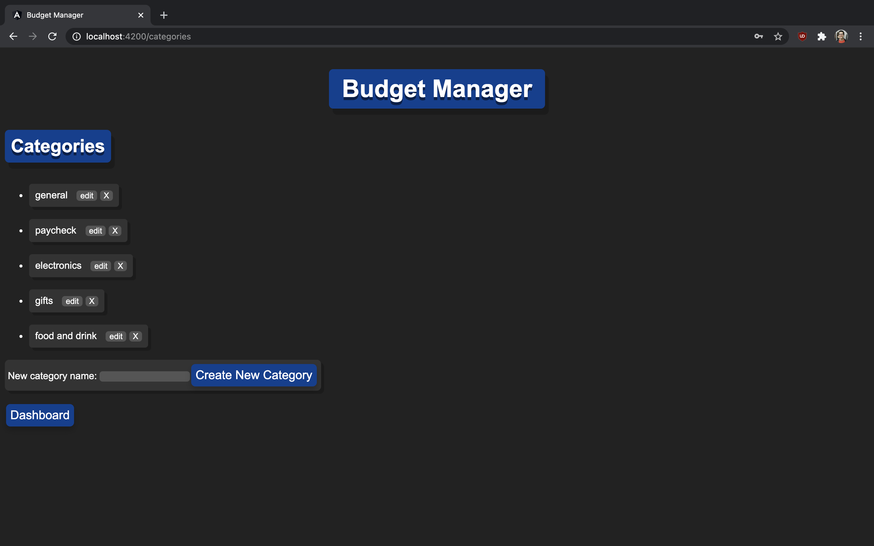 Budget Manager categories page.