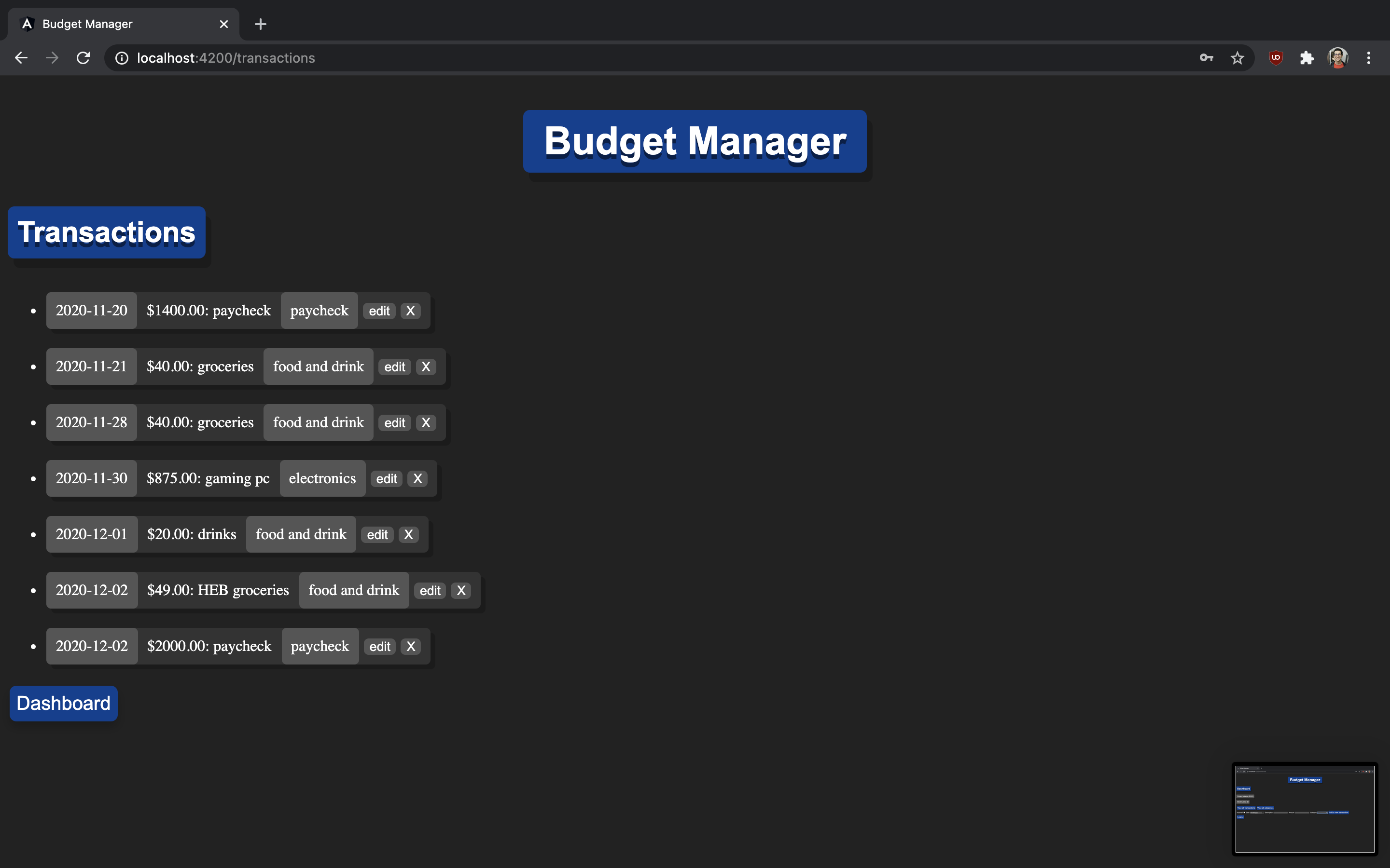 Budget Manager transactions page.